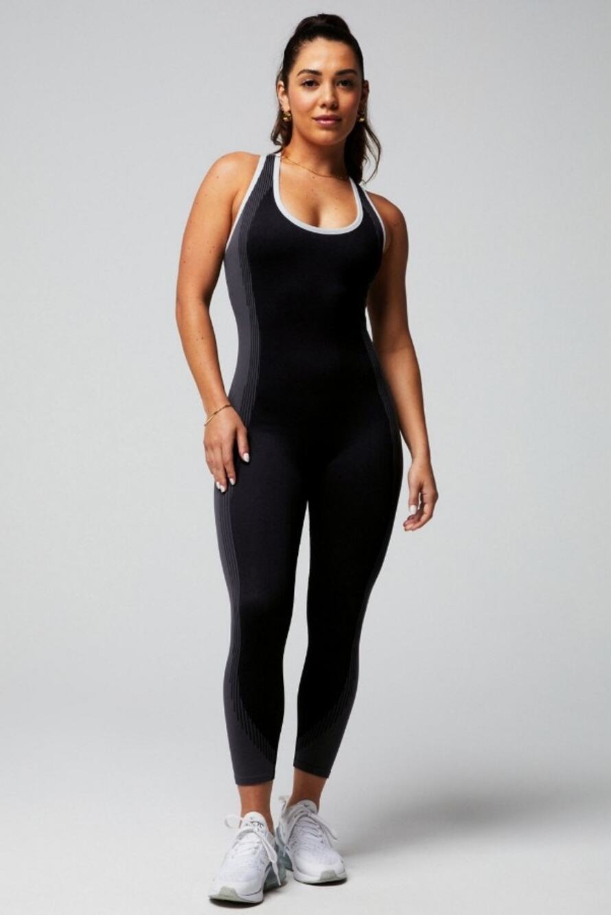 EUC Fabletics Women's Black/Gray Seamless Fusion 7/8 Jumpsuit Small